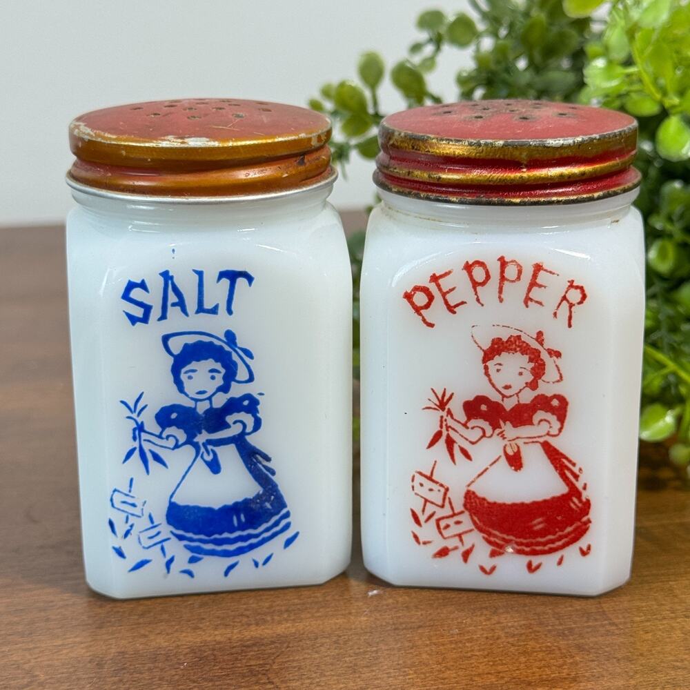 Vintage Hazel Atlas Milk Glass Salt & Pepper Shakers w/ Lid Spices Red Blue
